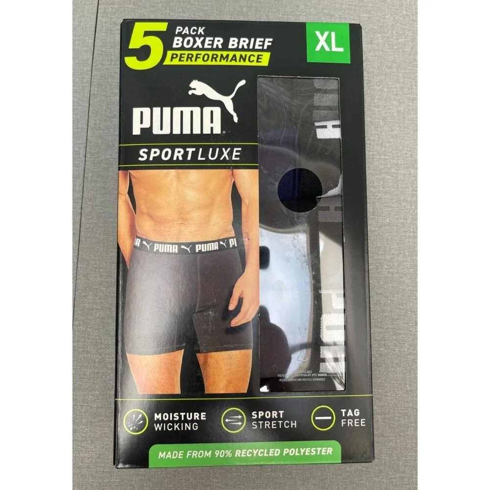 PUMA Sportluxe Performance Boxer Briefs 5-Pack Moisture Wicking Black XL